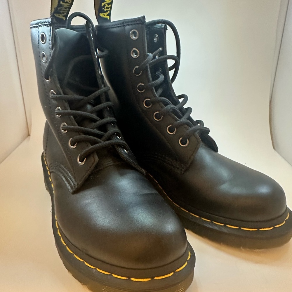Dr. Martens Black Leather Boots with Yellow Stitching